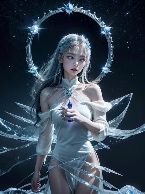 "(Masterpiece, Best Quality, Cinematic Lighting), (Extremely detailed CG Unity 16K wallpaper), Solo, 1 person, ethereal Ice Goddess, (finely detailed true circle Symmetrical eyes), (Eyes that glow icy blue in the dark:1.8), (A pair of deep blue eyes with s...