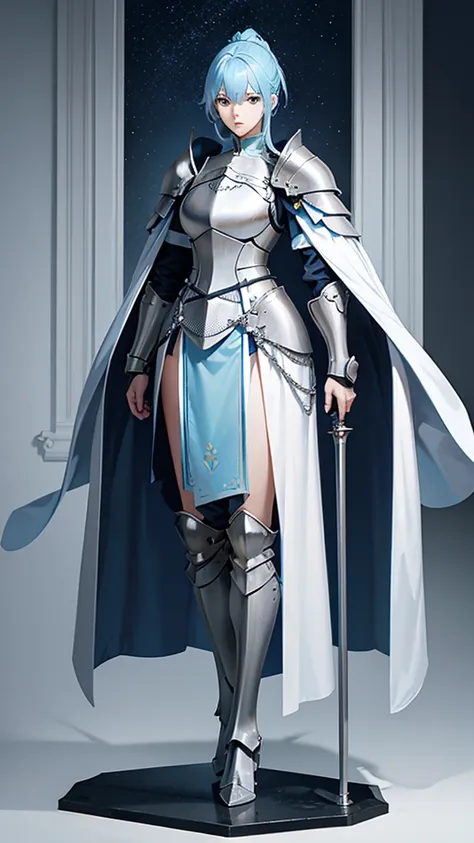 light blue hair, female knight, tall, full body side view, view viewer, pure white background