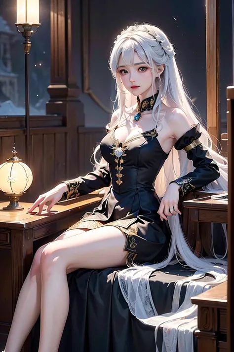 ((masterpiece:1.5,Highest quality,Highly detailed images,Beautiful images、Realistic、Photorealistic、2.5D))(1girl, 独奏)(Adult women、large breasts, white hair, beautiful eyes, Healthy legs、Tight ass、Beautiful cleavage)(Fantasy dresses、Fantasy Clothes、Black bat...