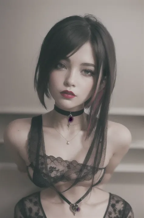 Highest quality, 8K,RAW Photos, Ultra-realistic, masterpiece:1.2,Professional Light, F1.8,(colorful),
One girl, Red lips, choker,Goth_punk,
View your viewers, Facial highlights,  
 