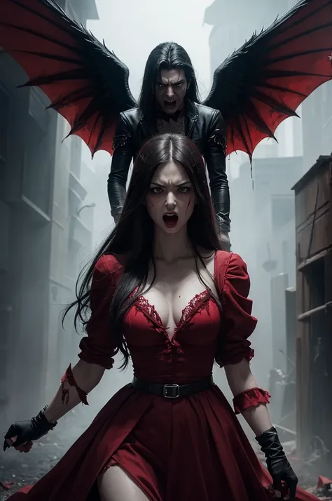 create an image of an angry vampire angel, all bloody