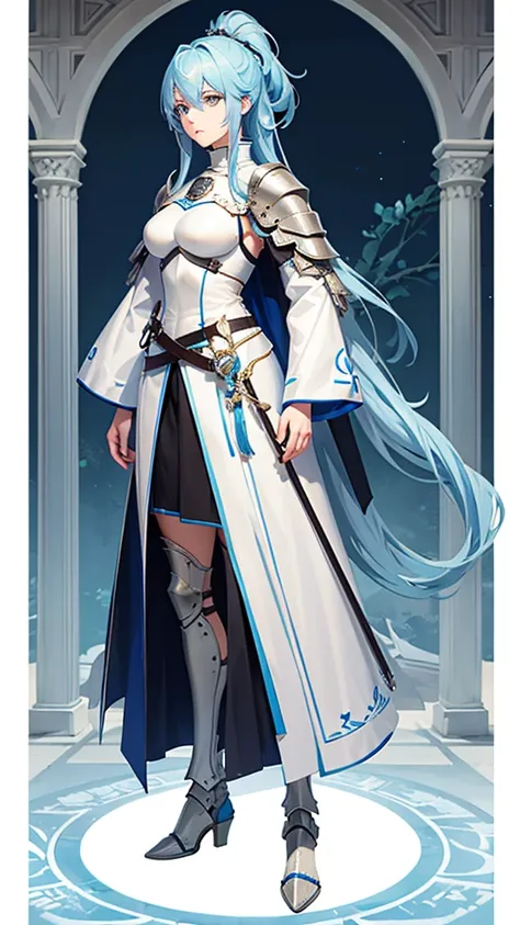 light blue hair, female knight, tall, handsome, full body side view, view viewer, pure white background