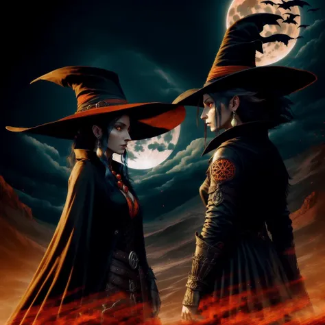 (digital art, avatar image:1.2), striking silhouette of a witch, cowboy attire with a wide-brimmed hat, standing boldly in front of a full moon, (epic red-orange moonlight:1.2), eerie and enchanting atmosphere, scarecrow looming in the background, mysterio...