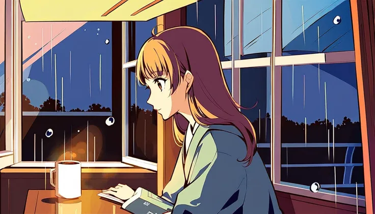 Scene of a cafe with rain falling outside the window, a girl is reading a book while drinking hot chocolate at a window seat, warm light and calm expression are impressive, Japanese anime style