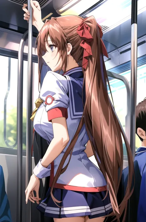 masterpiece,, alone, Yuuki Asuna, ((masterpiece)), High Resolution、((A man rubs her breasts from behind))、(Molester on the train)、Sailor suit、mini skirt、Five men