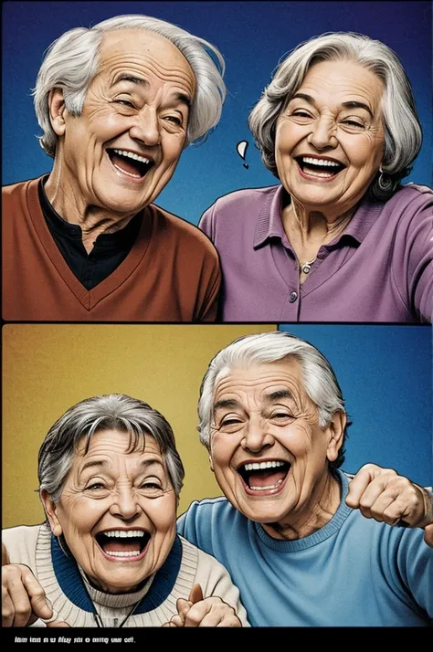 Comic image of two old people laughing, one pointing up and the other pointing down