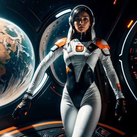 half body view of a beautiful space female wearing a futuristic astronaut helmet with visor covering her face, wearing a tight sexy white space outfit with orange patterns, long black hair with highlights, long leather gloves, on a futuristic platform with...