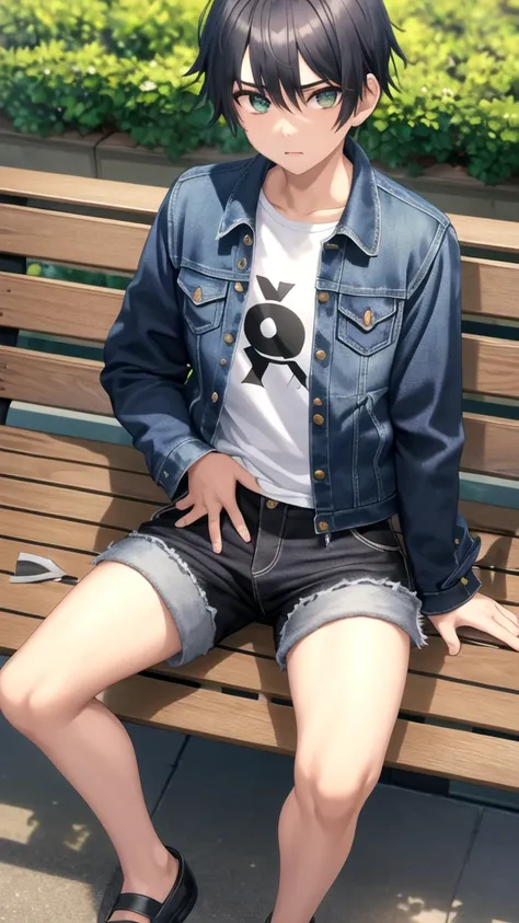 masterpiece, best quality, high quality, 1boy, solo, 14-year-old boy,evil boy,male focus, looking at viewer , black hair, old-school swoop haircut,blue jean jacket,black shorts, emerald eyes, sitting on a bench 