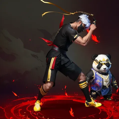 there is a man and a panda bear playing a game, in the style of sifu 🔥 😎 🕹️ 👀 :2, wielding kunai, posing for a fight intricate, as a character in tekken, mocap, moon bear samurai, inspired by Luo Ping, inspired by Wu Wei, pitchblack skin, inspired by Luo M...