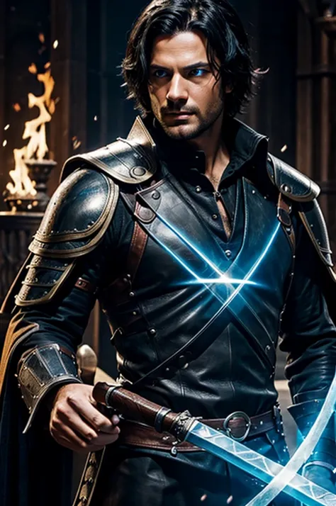 I want a character who has leather armor who has black hair who has blue eyes who has a black sword on his back AND who I am using magic who has it in his hand