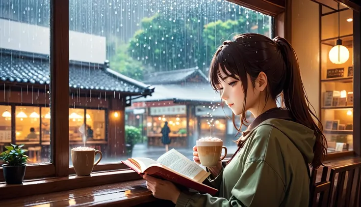 Scene of a cafe with rain falling outside the window, a girl is reading a book while drinking hot chocolate at a window seat, warm light and calm expression are impressive, Japanese anime style