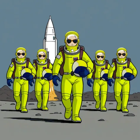 cartoon of a group of people in yellow suits walking on a space station, yellow space suit, astronautas, usar trajes espaciais, ...