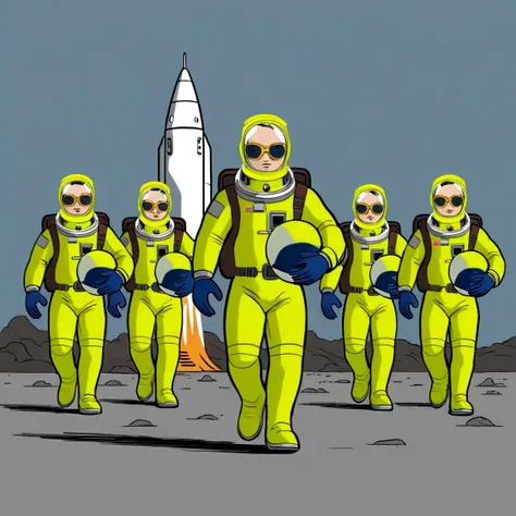 cartoon of a group of people in yellow suits walking on a space station, yellow space suit, astronautas, usar trajes espaciais, ...