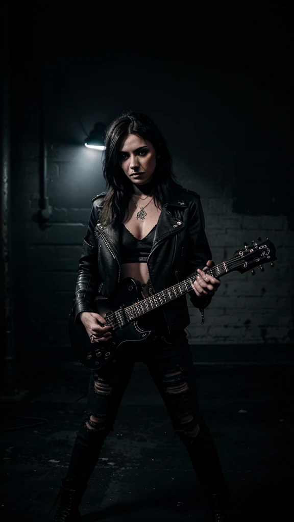 a 21 year old female rocker, wearing dark makeup, black leather jacket, ripped jeans, holding an electric guitar, standing in a dark moody setting, dramatic lighting, gritty, industrial, cinematic, high contrast, hyperrealistic, chiaroscuro, moody atmosphe...