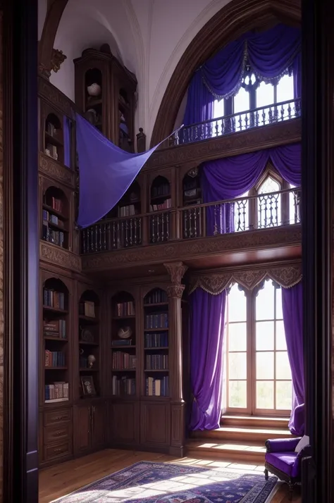 Goth castle girls bedroom with a big window, bookshelves and heavy curtains blue and purple decorations and two floors dim light, medieval, old