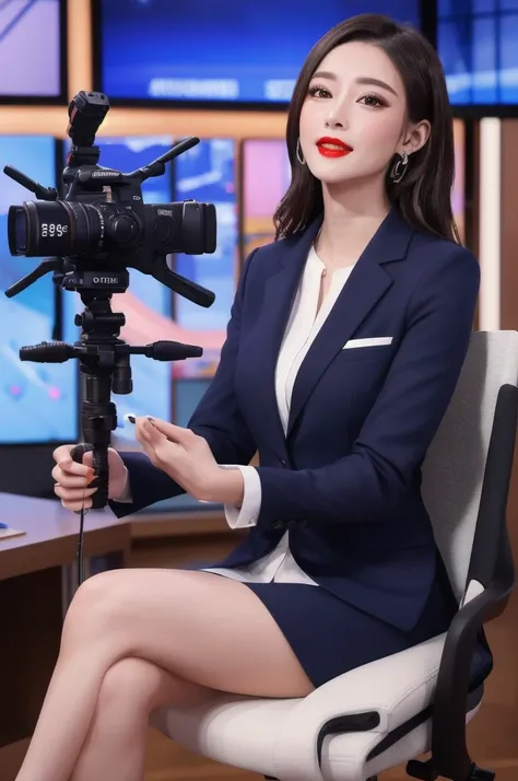 highest quality, 8k,raw photos, ultra-realistic, masterpiece:1.2,professional light, one girl, red lips, wearing a suit。news cas...