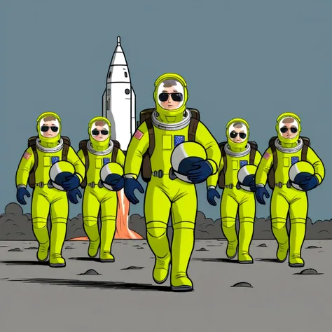 fixed camera front view, a comical cartoon meme illustration of 5 astronauts in white space suits, carrying the helmet in their ...