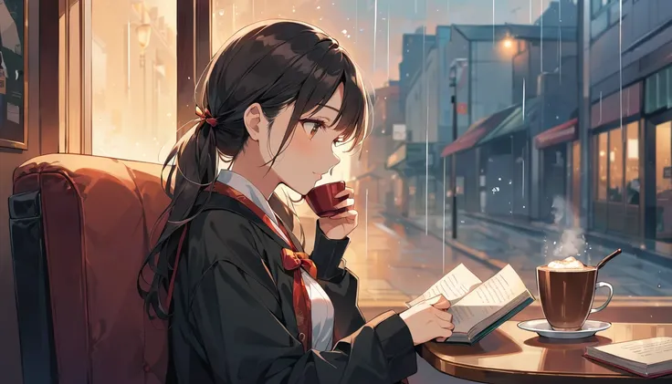 Scene of a cafe with rain falling outside the window, a girl is reading a book while drinking hot chocolate at a window seat, warm light and calm expression are impressive, Japanese anime style