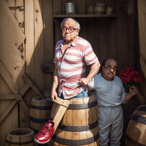 sharp man in striped shirt next to a wooden barrel, o Chaves, or Chaves del Ocho, television still, Dom Ramon, red trainer, many years have passed, sitcom, red trainer as ironman, danny devito as johnny, accurate portrayal, promo image, Ator, retired barne...