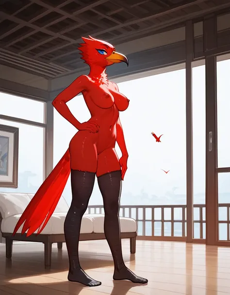 score_9,score_8_up,score_7_up, style_4, an anthro red bird girl, red body, birds crest on head, beak, black humanoid arms, black legs, humanoid feet, 5 toes, blue eyes, naked, standing indoors