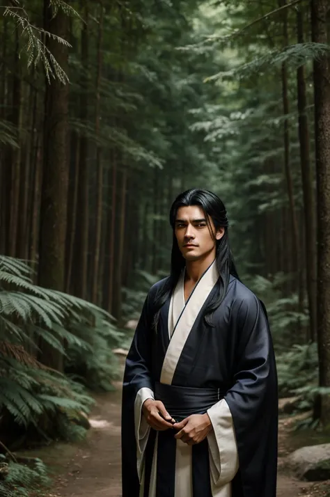 xianxia, Man with long black hair, blue eyes, tanned skin, height 1.57, neutral expression, black kimono clothing, in a forest, Without beard, Eighteen year old young man  