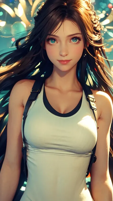 ((Highest quality, 8K, masterpiece :1.3)), One girl, Average-sized beautiful woman: 1.3,{Big Breasts:1.2}, {{{whole body:1.5}}}, (Long Hair, Layered Hair), Oversized tank top: 1.2, Very delicate face, Delicate eyes, double eyelid, smile, Home, Random color...