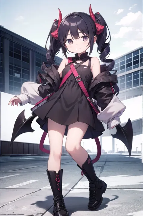 1 girl, black hair, twin drills, white skin, cute 14 year old girl, black and white, cute smile, gray eyes, black demon horns, and black demon tail 
        