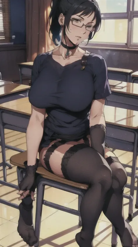 ((Correct Anatomy))、(Female student)、((school uniform))、((Short sleeve))、(Mini Pleated Skirt),(((Black Stockings))),((garter belt)),((School classroom)),Ultra-high resolution,Mature Woman, Mature Woman, Very detailed, (Big Breasts),((Beautiful feet)),Perfe...