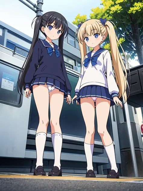 Tram stop　passengers around　Elementary school girl　8 years　flat chest　for the black　broad　The eyes are purple.　（（1 person））　Sailor uniform long sleeve white upper body　Navy blue underbody mini skirt　white panties　white socks　sport boots　standing at the sto...