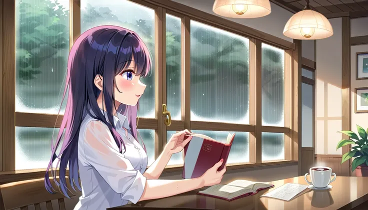 Scene of a cafe with rain falling outside the window, a girl is reading a book while drinking hot chocolate at a window seat, warm light and calm expression are impressive, Japanese anime style