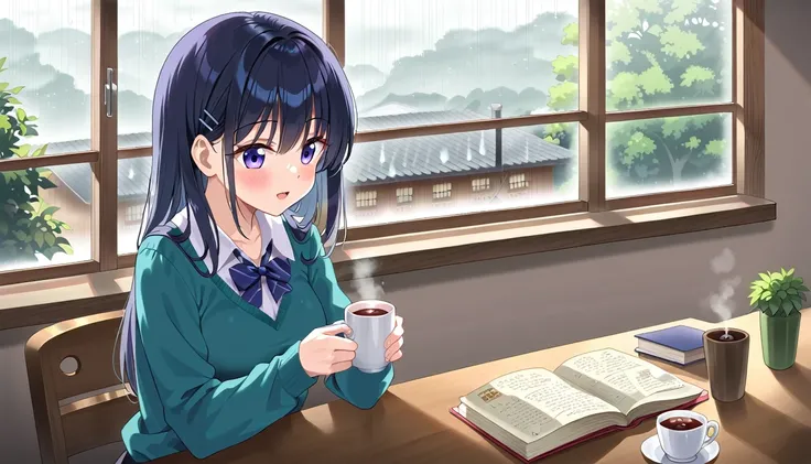 Scene of a cafe with rain falling outside the window, a girl is reading a book while drinking hot chocolate at a window seat, warm light and calm expression are impressive, Japanese anime style