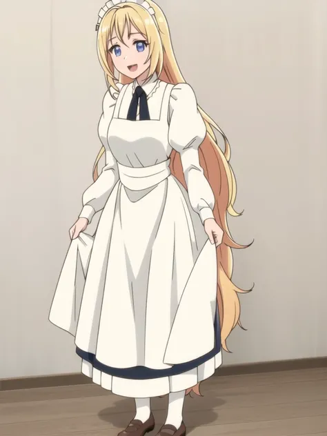 ((Best quality))),((Ultra-detailed)),((illustration)),((Disheveled hair)),((frilld)),(1 girl),(Solo),1girl,lifted_by_self,looking_at_viewer,open_mouth,solo,rating:safe,apron,black_footwear,black_shoes,blonde_hair,blue_eyes,clothes_pull,clothing,:d,female,f...