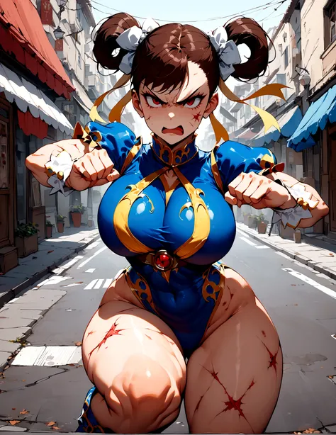 Chun Li, woman solo, hourglass body, large breast, tight outfit, outfit broken, wounds in body, at the street, masterpiece, high detail, fighting pose, angry face