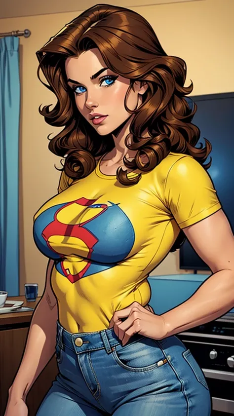 beautiful woman , 21 years old , very beautiful, blue eyes, curly brown hair, denim yellow pans, blue t-shirt, busty. Comic style. Marvel comics style 