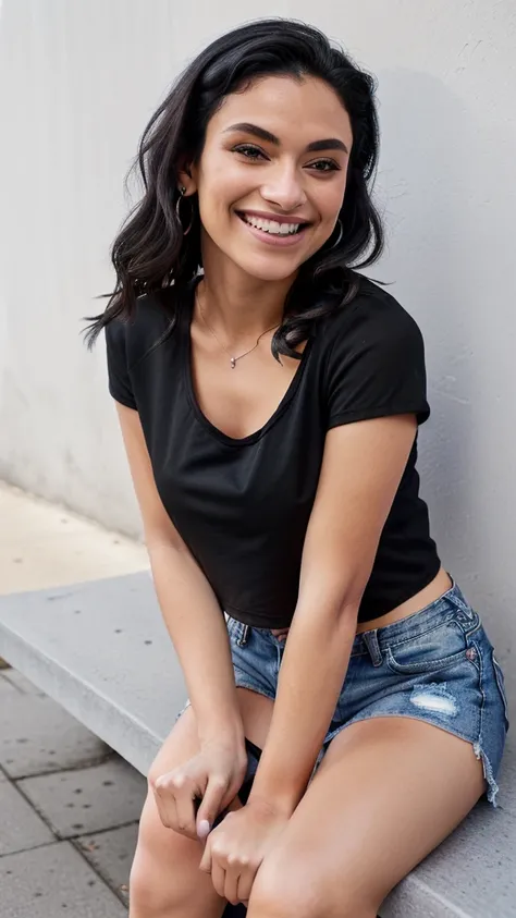 arafed woman sitting on a bench with a black shirt and blue denim shorts, wearing a black t-shirt, black top, wearing a black tshirt, wearing black tshirt, wearing a cropped black tank top, low cut top, wearing a black cropped tank top, short smile, with r...