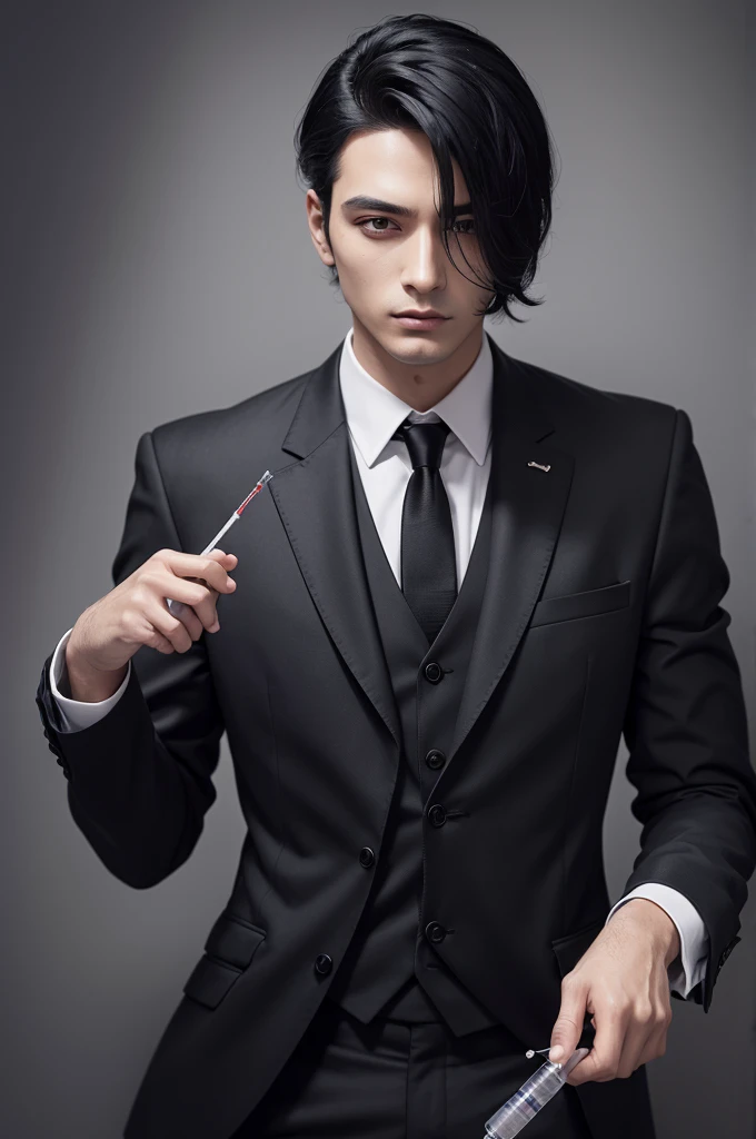 1 beautician in black hair suit with a syringe in his hand. 