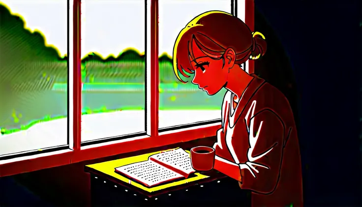 Scene of a cafe with rain falling outside the window, a girl is reading a book while drinking hot chocolate at a window seat, warm light and calm expression are impressive, Japanese anime style