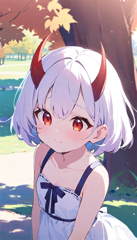 Teenage girl, devil girl, small red horns, white hair, short fluffy hair, big red eyes, pale skin, blushing cheeks, in a , white dress, in the park