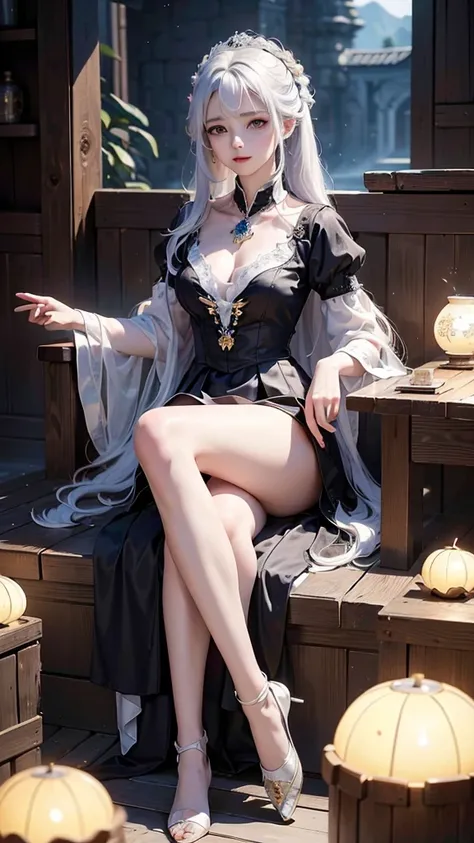 ((masterpiece:1.5,Highest quality,Highly detailed images,Beautiful images、Realistic、Photorealistic、2.5D))(1girl, 独奏)(Adult women、large breasts, white hair, beautiful eyes, Healthy legs、Tight ass、Beautiful cleavage)(Fantasy dresses、Fantasy Clothes、Black bat...