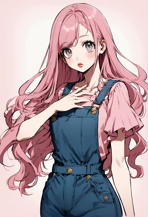 One with long hair, PINK, with bright gray eyes, your lips are pink, He wears a cute anime style simple denim overalls dress, cartoon-like 