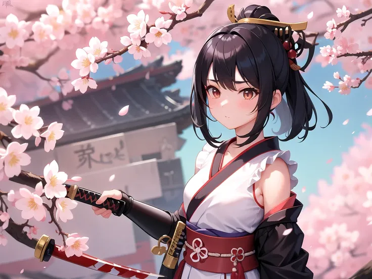 a cute samurai girl with her bloody katana sword, with cherry blossom tree in the background