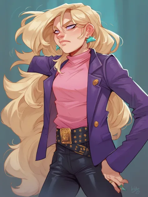 p_ca, 1girl, blonde hair, long hair, bangs hair, pupils are black dots, purple blazer, pink top, ring earrings, belt, black pant...