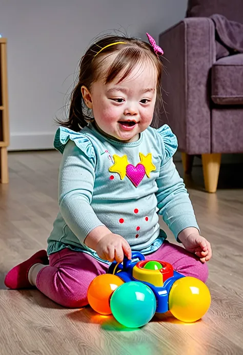  3 year old girl with Down syndrome, jouant avec un jouet lumineux 