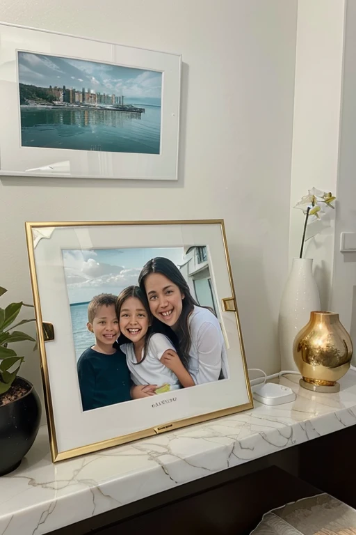 An elegant black digital photo frame with thin frames sits on a white marble shelf in a modern bright living room.. The photo frame screen displays a bright, colorful family photo of a happy couple with two children against the backdrop of a seascape. The ...