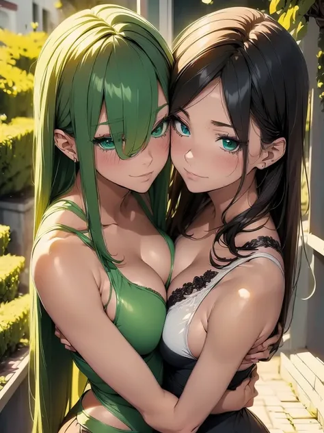 (anime drawing)Two GL women (lesbians) kiss each other passionately. (Beautiful, sexy, hot) They kiss in their beautiful, harmonious embrace