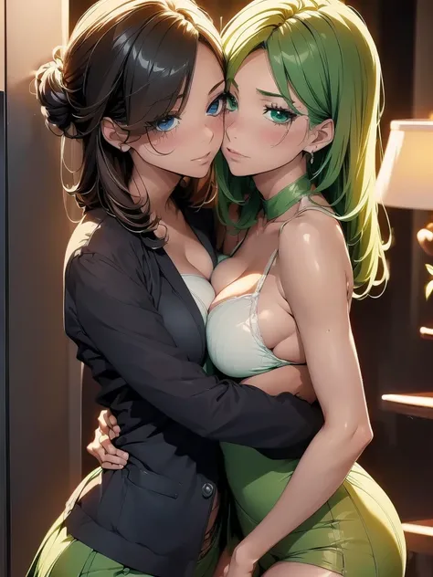 (anime drawing)Two GL women (lesbians) kiss each other passionately. (Beautiful, sexy, hot) They kiss in their beautiful, harmonious embrace