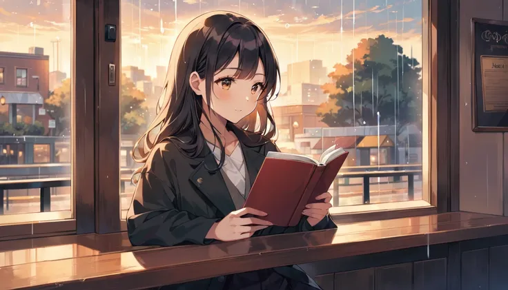 Scene of a cafe with rain falling outside the window, a girl is reading a book while drinking hot chocolate at a window seat, warm light and calm expression are impressive, Japanese anime style