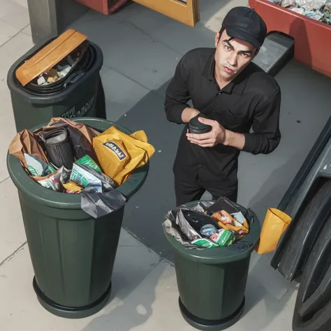 Garbage collector man holding trash can