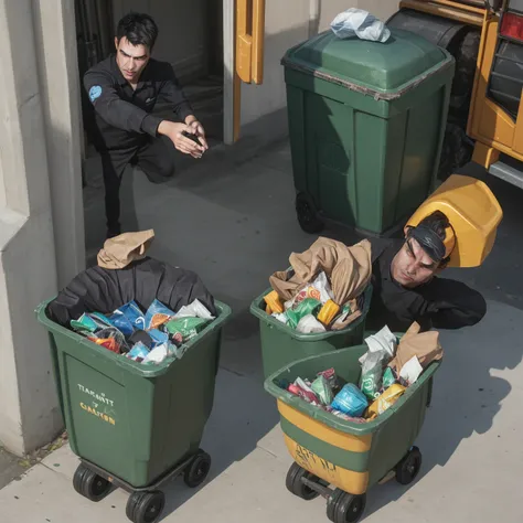 Garbage collector man holding trash can