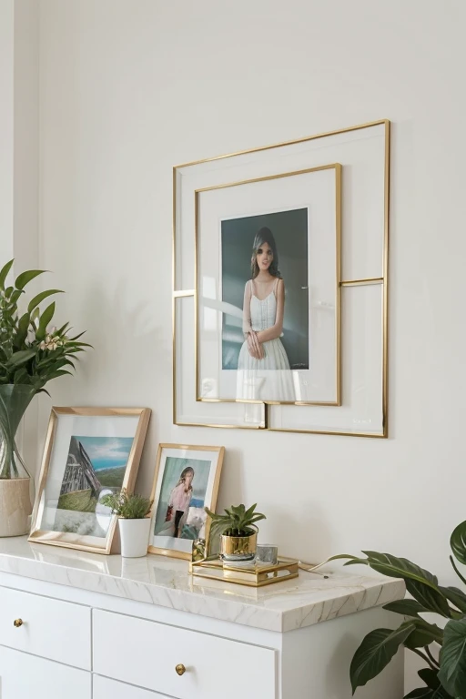 An elegant digital photo frame with thin frames sits on a white marble shelf in a modern, bright living room.. The photo frame screen displays a bright, colorful family photo of a happy couple with two children against the backdrop of a seascape. The photo...